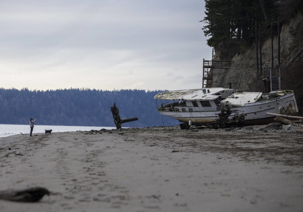 A passerby stops to take a photo of the beached Argosy along Mission Beach on Friday in Tulalip. (Olivia Vanni / The Herald)
