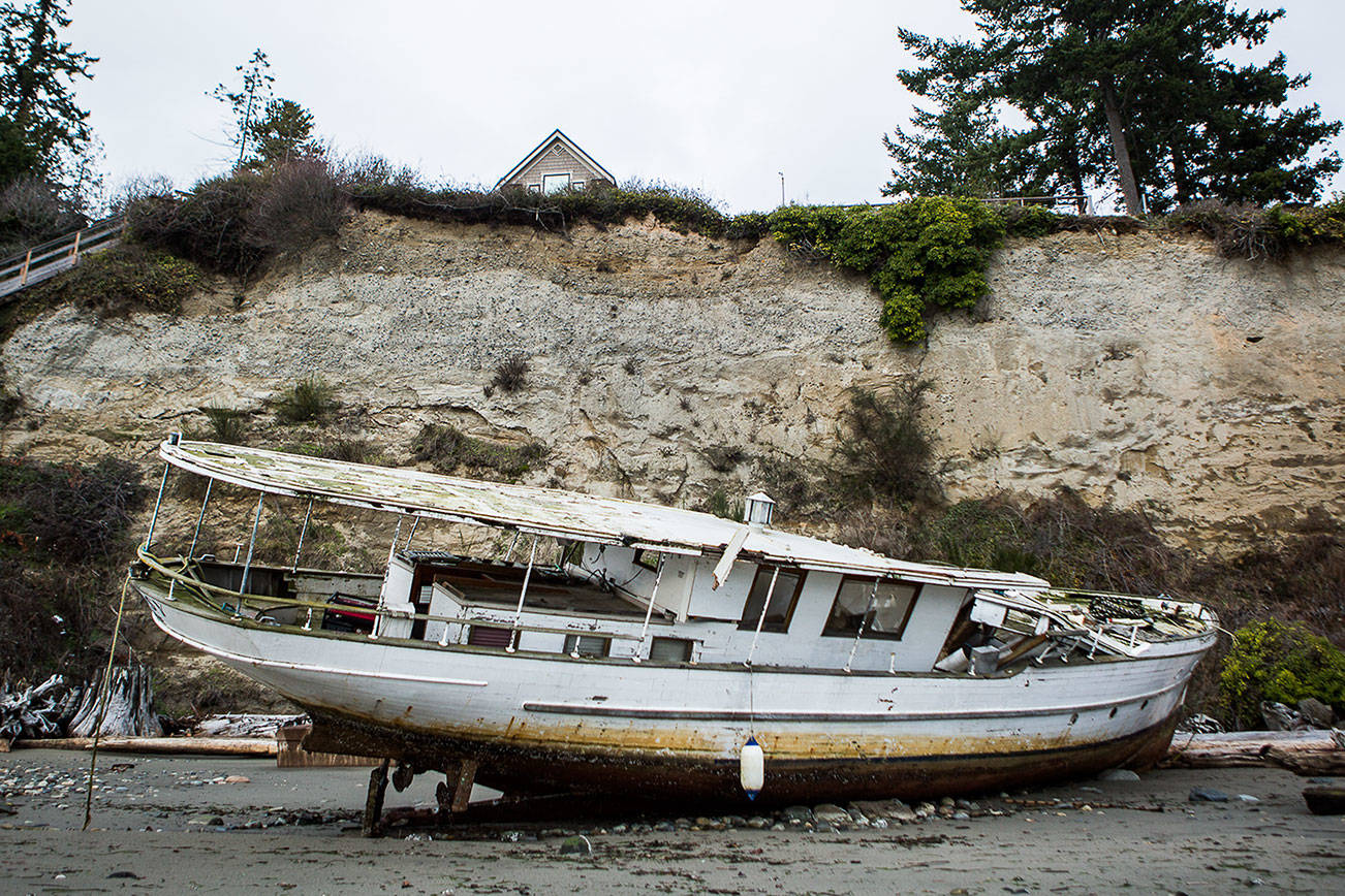 The Argosy sits on Mission Beach in Tulalip on Friday. (Olivia Vanni / The Herald)