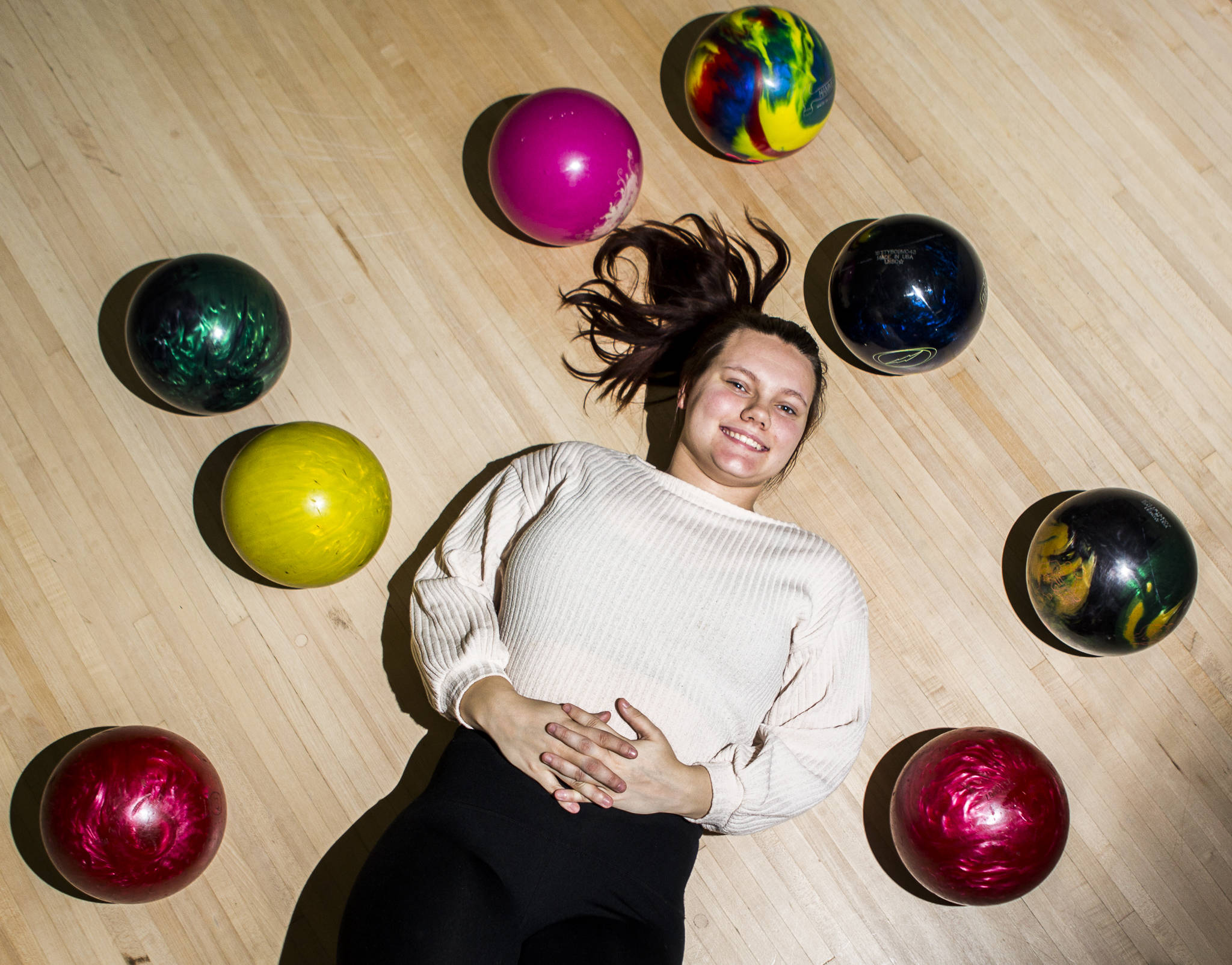 Cascade senior bowler Jessie Brambach, 18, at Evergreen Lanes on Wednesday, Jan. 8, 2020, in Everett. (Olivia Vanni / The Herald).