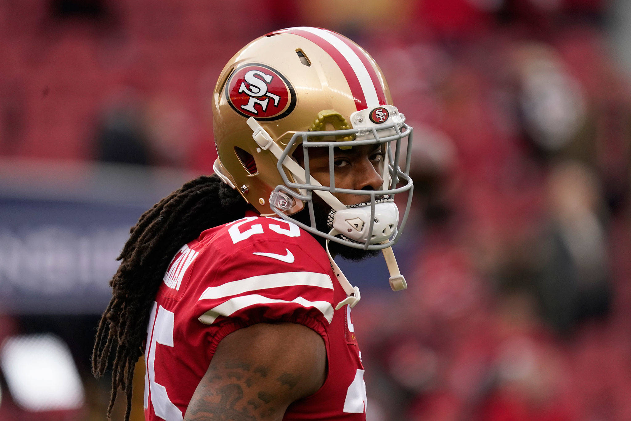 San Francisco cornerback Richard Sherman warms up before the NFC Championship Game against the Packers this past Sunday in Santa Clara, Calif. (AP Photo/Tony Avelar)