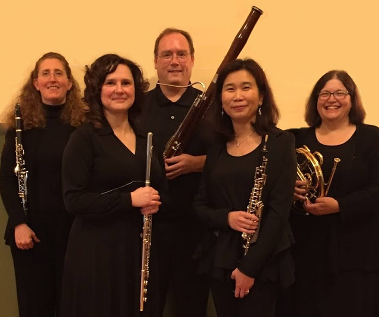 Spiritus Winds — Jenny Ziefel, clarinet, Danijela McElwee, flute, Jeff Eldridge, bassoon, Yuh-Pey Lin, oboe, and Paulette Altman, French horn — will perform in Stanwood on Sunday. (Jeffrey Pearce)