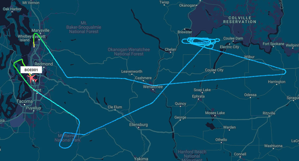 A map of the first flight of the Boeing 777X. The plan took off from Paine Field in Everett, flew to Eastern Washington and landed at Boeing Field in Seattle. (FlightRadar24.com) 
