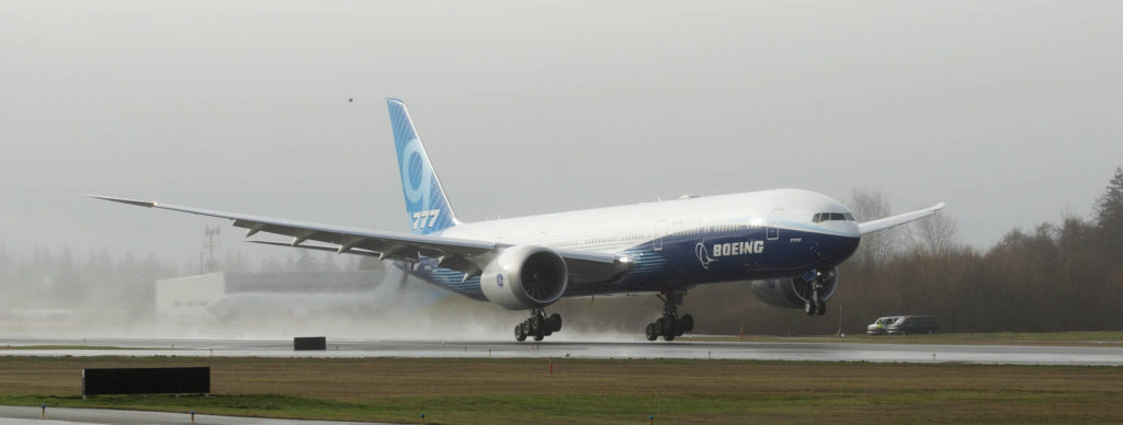 Boeing’s first 777X lifts off from Paine Field on its first flight Saturday in Everett. (Andy Bronson / The Herald)
