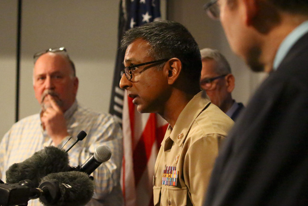 Dr. Satish Pillai, of the Division of Preparedness and Emerging Infections at the Centers for federal Disease Control and Prevention, fields questions during a news conference Tuesday afternoon at the state Public Health Laboratories in Shoreline. (Kevin Clark / The Herald)
