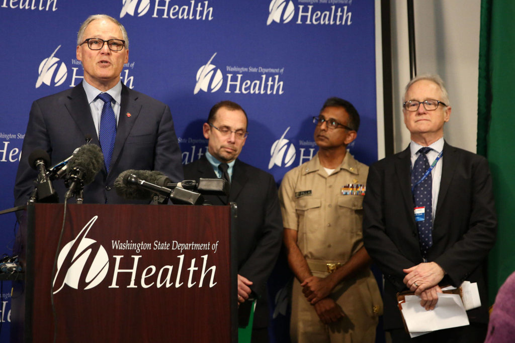 Gov. Jay Inslee opens a news conference Tuesday afternoon at the state Public Health Laboratories in Shoreline. (Kevin Clark / The Herald)

