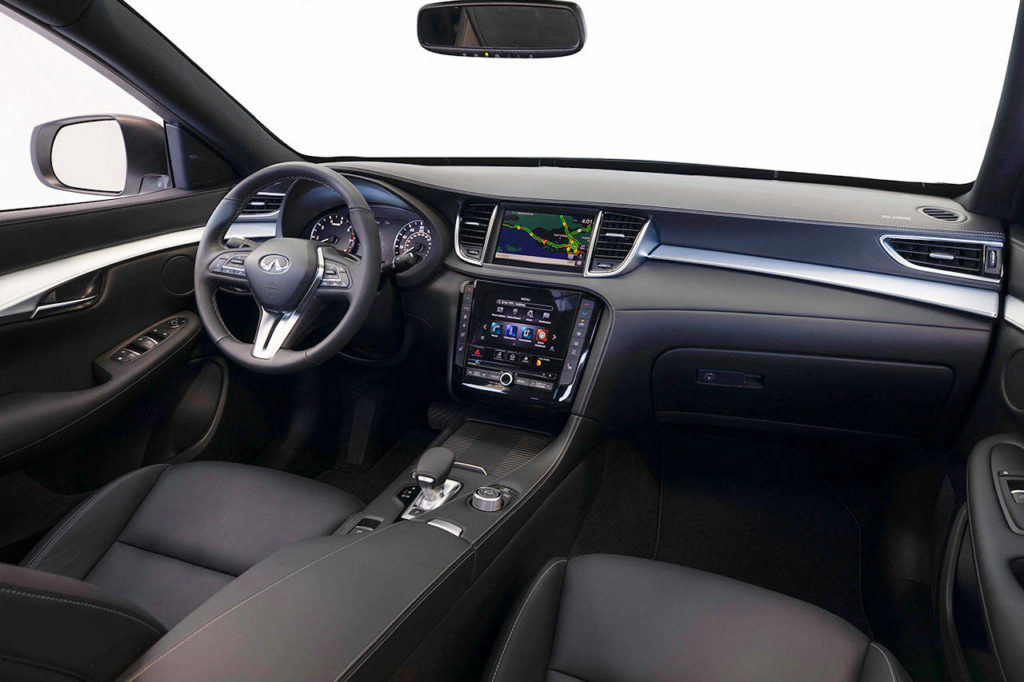 An updated infotainment system in the 2020 Infiniti QX50 has a dual-screen layout. The interior of the optional Edition 30 package is shown here. (Manufacturer photo)

