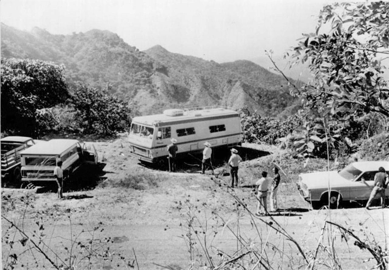 Snohomish County detectives attempt to reconstruct the scene where Snohomish County Sheriff Don Jennings, his wife, Jean, and his mother in law were ambushed and killed in their motor home along a desolate Mexican road in 1974. The family was in the midst of a six-week vacation and had pulled over to sleep for the night when they were shot in what local authorities suspected was a robbery. (Jim Haley courtesy of the Everett Public Library)