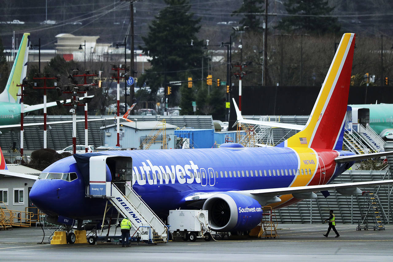 A Southwest Airlines Boeing 737 Max airplane parked last month at Renton Municipal Airport in Renton. (AP Photo/Ted S. Warren)