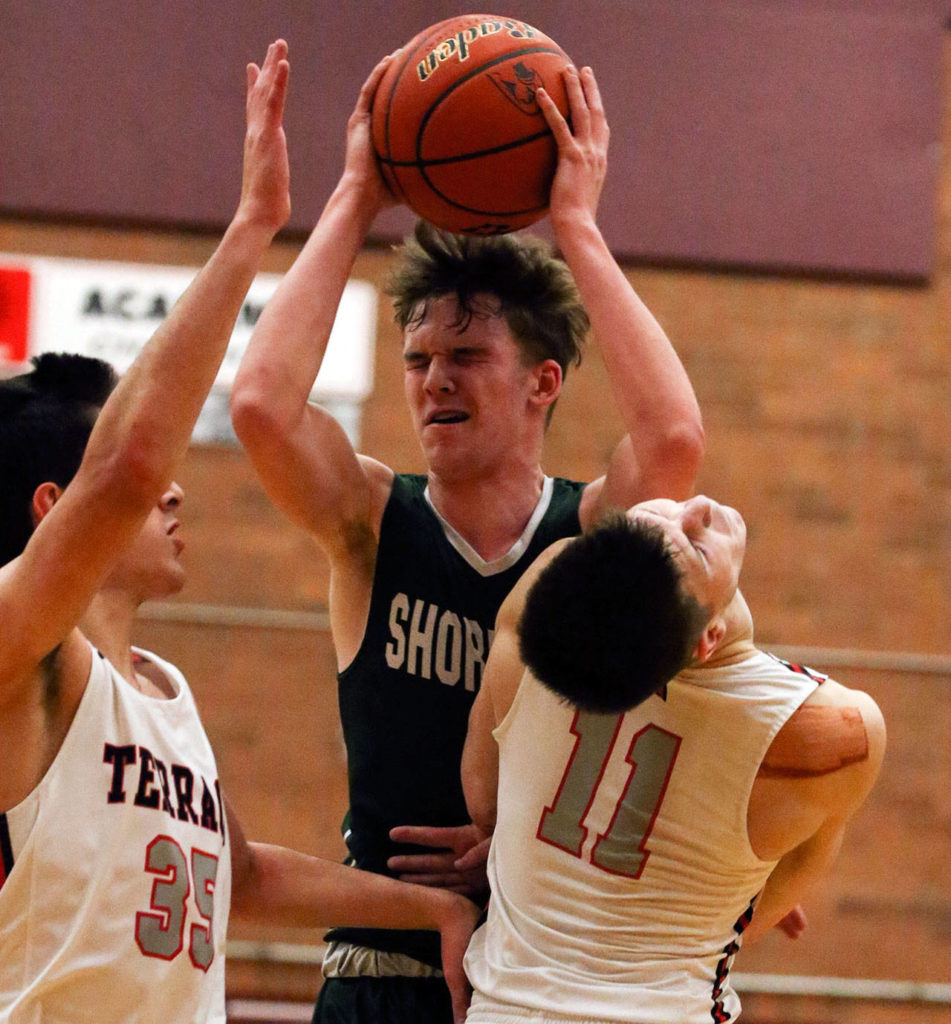Mountlake Terrace defeated Shorecrest 75-55 Wednesday evening at Mountlake Terrace High School in Mountlake Terrace on January 22, 2019. (Kevin Clark / The Herald)
