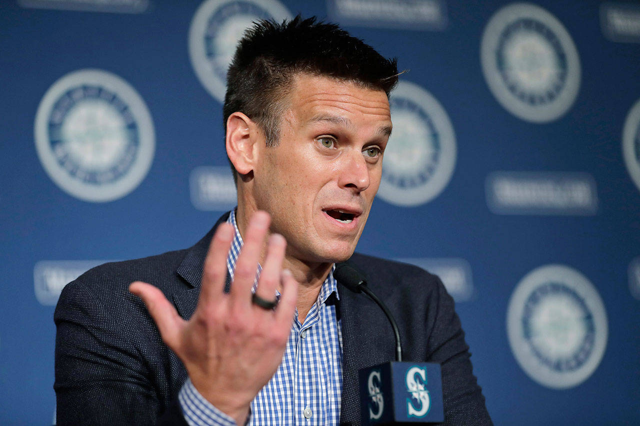 General manager Jerry Dipoto speaks during the Mariners’ annual pre-spring training media event on Thursday at T-Mobile Park in Seattle. (AP Photo/Ted S. Warren)