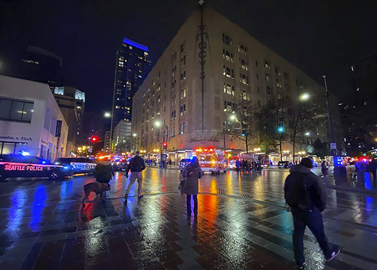 This photo shows the area of a deadly shooting in downtown Seattle on Wednesday. (Suzanne Asprea via AP)