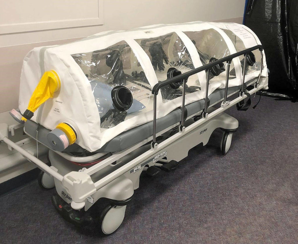 A protective gurney was used to transport the Snohomish County man in his 30s with coronavirus to an isolated room at Providence Regional Medical Center Everett. (Providence Regional Medical Center)
