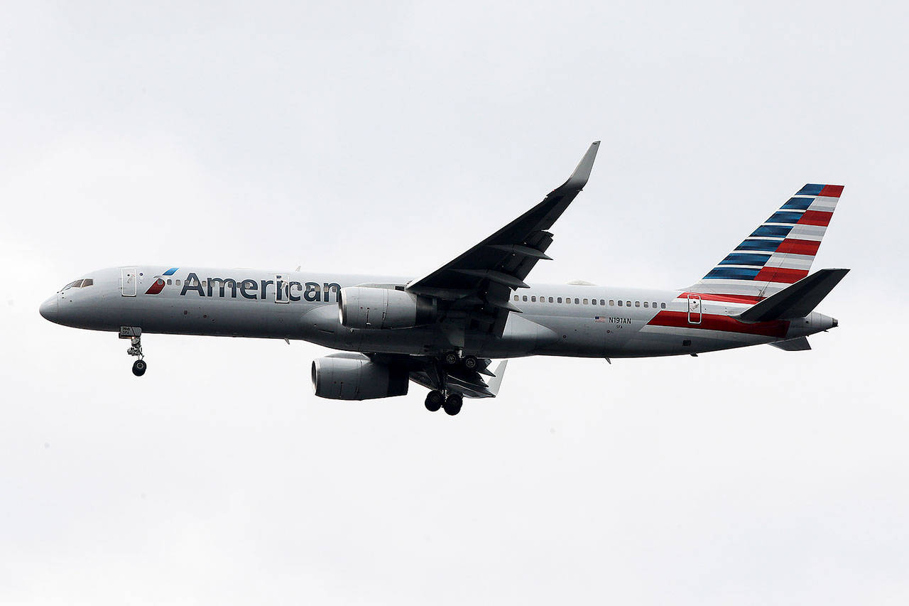 An American Airlines jet approaches Philadelphia International Airport in November 2019. (AP Photo/Matt Rourke, File)