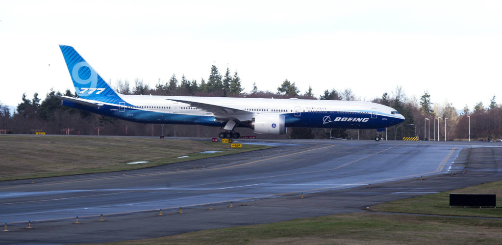 Boeing’s first 777X heads back to the ramp after high winds at Paine Field forced a second cancellation of its first flight on Friday in Everett. (Andy Bronson / The Herald)
