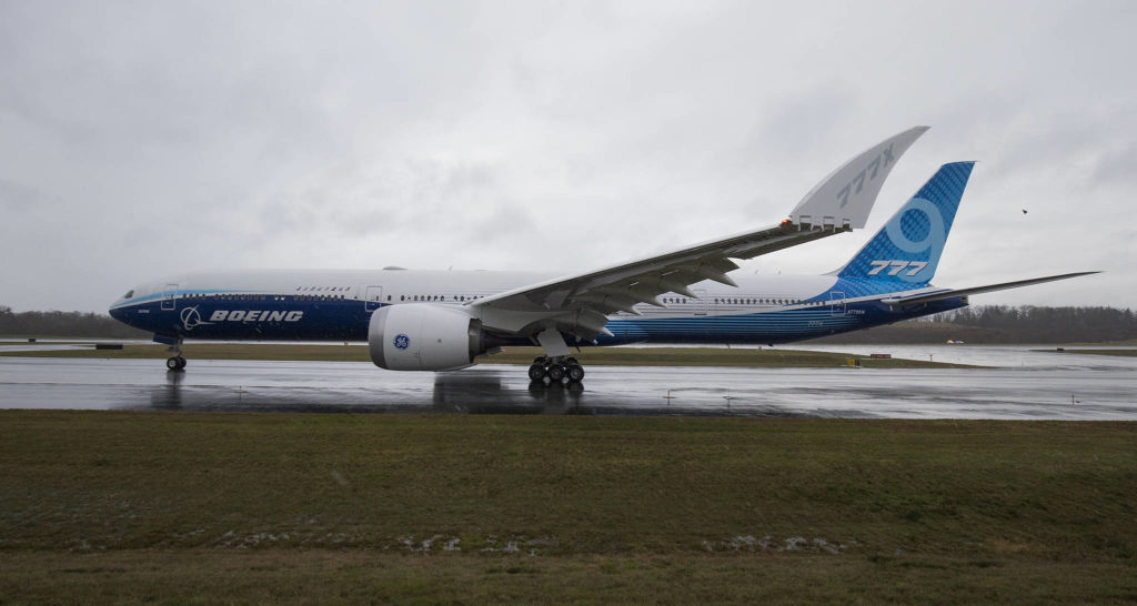 With its wingtips folded up, Boeing’s 777x taxies out for its first flight but heavy winds forced a second cancellation at Paine Field on Friday, Jan. 24, 2020 in Everett, Wash. (Andy Bronson / The Herald)
