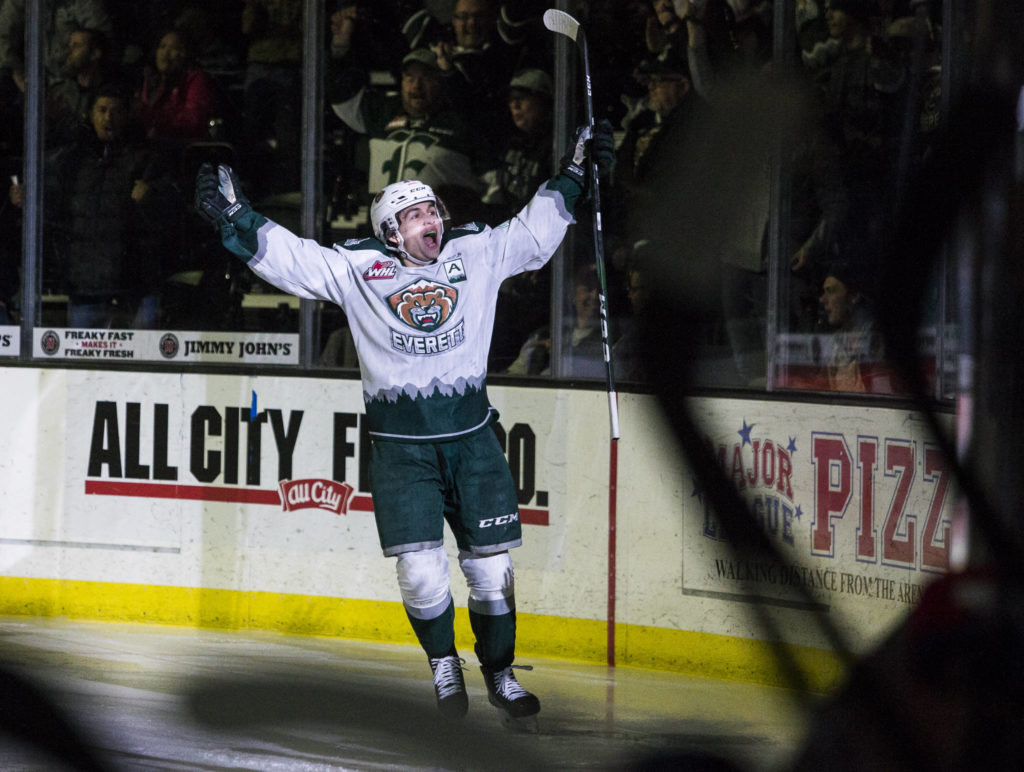 Everett Silvertips’ Cole Fonstad yells after scoring the first goal of the night during the game against the Spokane Chiefs on Sunday, Jan. 26, 2020 in Everett, Wash. (Olivia Vanni / The Herald)
