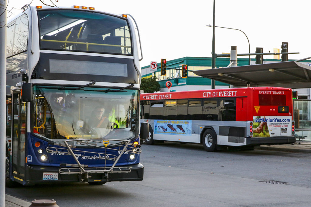 Sound Transit and Everett buses at Everett Station on Nov. 7, 2019. (Kevin Clark / Herald file)
