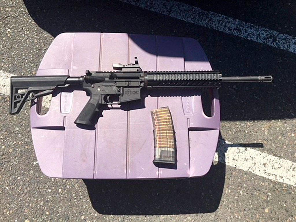 An AR-15 rifle and a loaded magazine were recovered from a suspect in a shooting incident at the Kent Station parking garage in 2019. (King County Sheriff’s Office)
