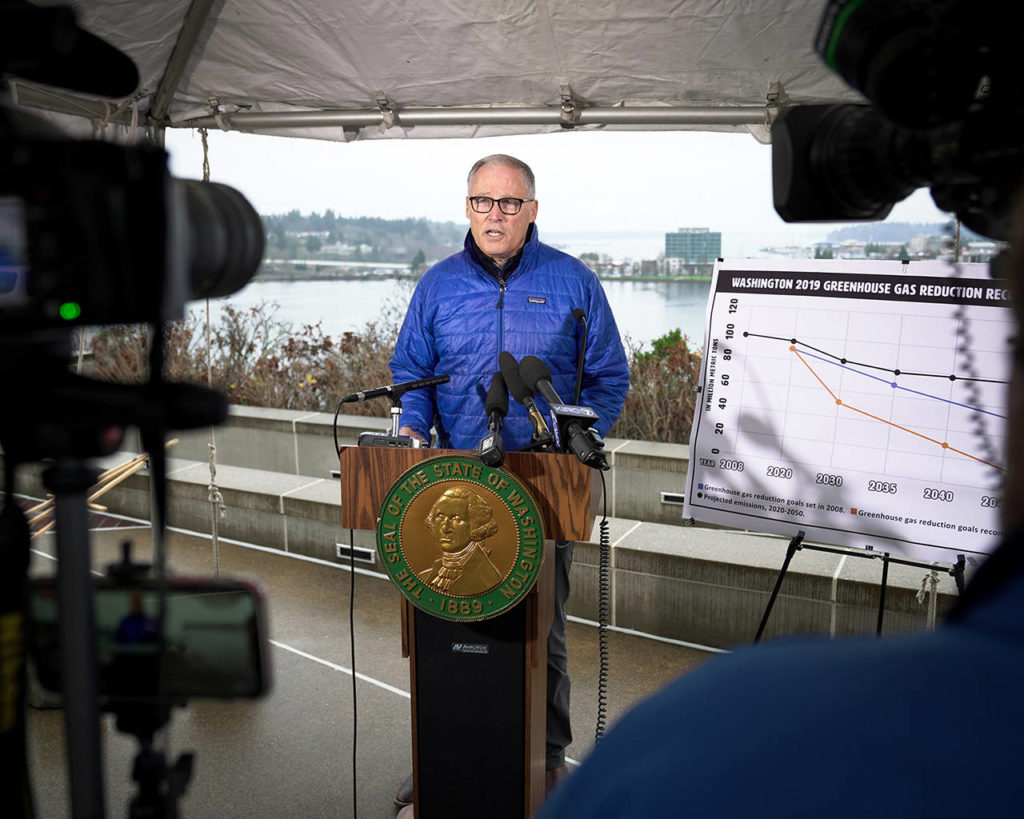 Gov. Jay Inslee announces climate change legislation in Olympia during the second day of his 2020 budget rollout. (Office of the Governor photo)
