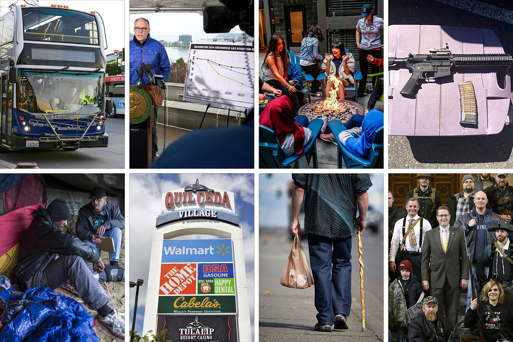 Some of the hot topics lawmakers are facing include (clockwise from top left) transportation spending, carbon fuel standards, college tuition, guns, Matt Shea, plastic bags, tribal tax-revenue sharing and homelessness.