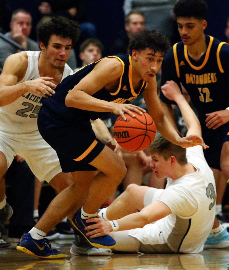 Glacier Peak defeated Mariner, 55-49, in a Wesco 4A boys basketball game Monday evening at Glacier Peak High School in Snohomish. (Kevin Clark / The Herald)
