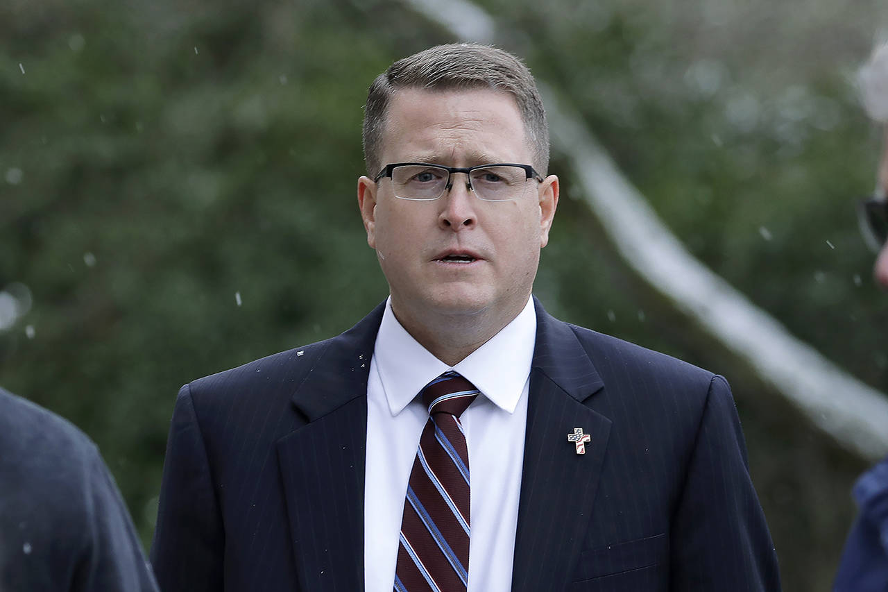 This Jan. 15 photo shows Rep. Matt Shea during a rally at the Capitol in Olympia held by “My Family My Choice,” an organization opposed to government regulations affecting schools and child-raising. (AP Photo/Ted S. Warren, File)