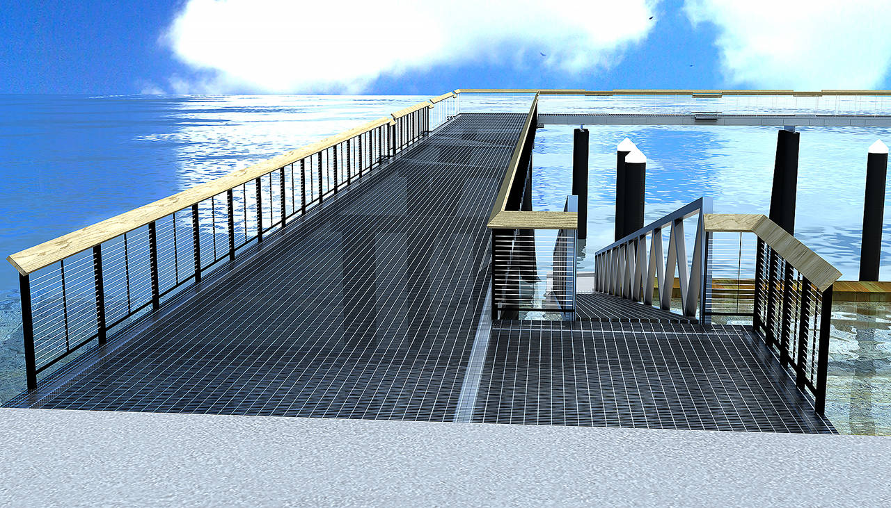 Artist rendering of the new fishing pier at Mukilteo ferry terminal site that will provide space for between four and seven small boats to tie up. (WSDOT)