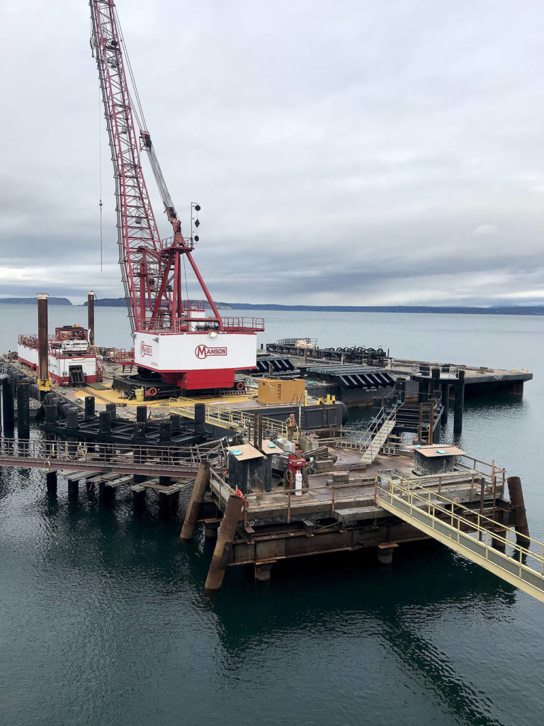 The work platform at the Mukilteo ferry terminal where wing wall welding and the night work is going on. (WSDOT)
