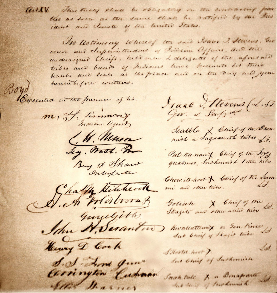 Visitors to the Treaty of Point Elliott exhibit at Tulalip Tribes’ Hibulb Cultural Center will see the pages of signed documents displayed under glass. (Dan Bates / The Herald)
