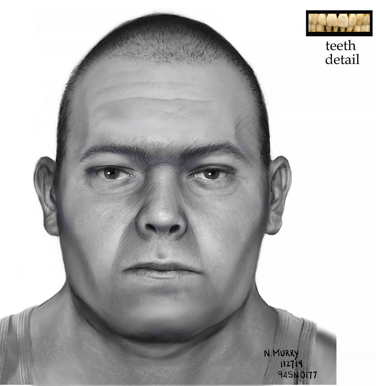 A new drawing by forensic artist Natalie Murry shows a possible likeness of a man found dead in Lake Stickney in 1994. This drawing was completed in late 2019. (Courtesy of Snohomish County Medical Examiner’s Office.)