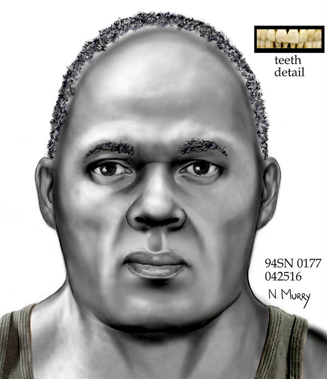 Another possible portrait of the man found shot to death in Lake Stickney, drawn by Natalie Murry in 2016. The ears are smaller, the skin is darker and he’s older — but the shape of the skull is the same. (Police sketch)