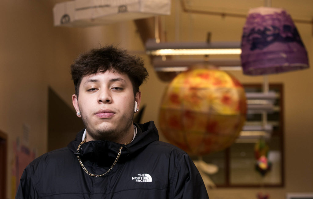 Armando Anguiano-Escutia, 17, is on track to graduate from ACES High School in Everett this year. After falling behind on credits, he enrolled at the alternative school in the Mukilteo School District his sophomore year and found motivation to catch up. (Andy Bronson / The Herald)
