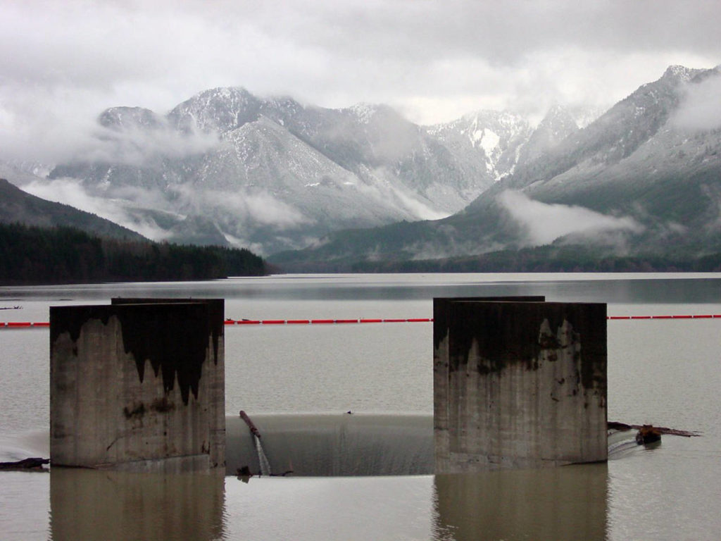 The Spada Lake Reservoir levels hit 1,450 feet Friday evening. It was high enough to begin a rare use of Culmback Dam’s spillway. (Snohomish County PUD)
