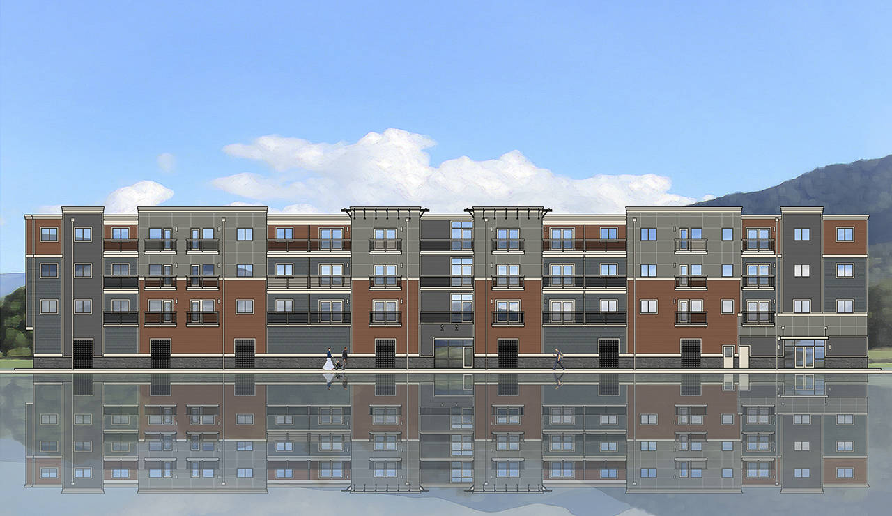 Illustration of one of six apartment buildings in the proposed 51st Avenue Urban Village, which would create a self-contained neighborhood where residents could play and live right where they work. (City of Arlington)