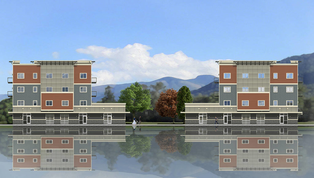 Illustration of housing with ground-floor businesses in the proposed 51st Avenue Urban Village project on 20 acres south of Arlington Municipal Airport, and within the Cascade Industrial Center. (City of Arlington)
