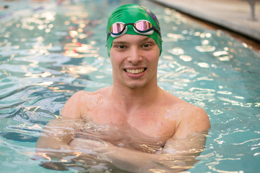 Senior Anton Teplouhov during Edmonds-Woodway’s swim practice on Friday, Jan. 31 at the Lynnwood Pool. (Katie Webber / The Herald)
