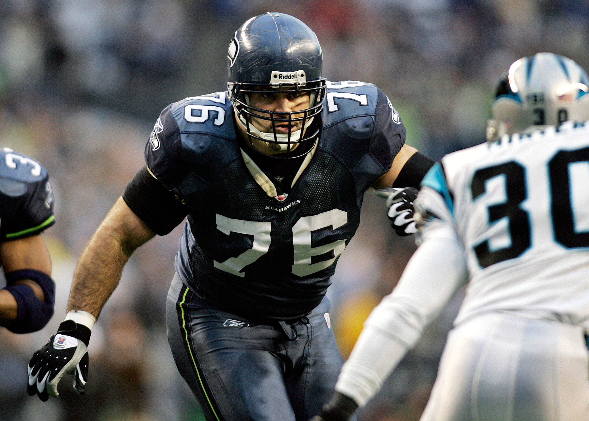 Offensive lineman Steve Hutchinson, who played five season with the Seahawks, was elected to the Pro Football Hall of Fame on Saturday. It was Hutchinson’s third year on the ballot. (AP Photo/John Froschauer)