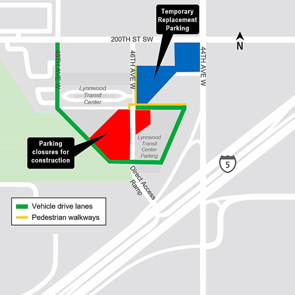 Parking at the Lynnwood Transit Center will shift throughout the year so crews can work on the construction of the Lynnwood City Center light rail station. It’s set to open in 2024, and a parking garage with 1,500 parking stalls will open a year before that. (Sound Transit)
