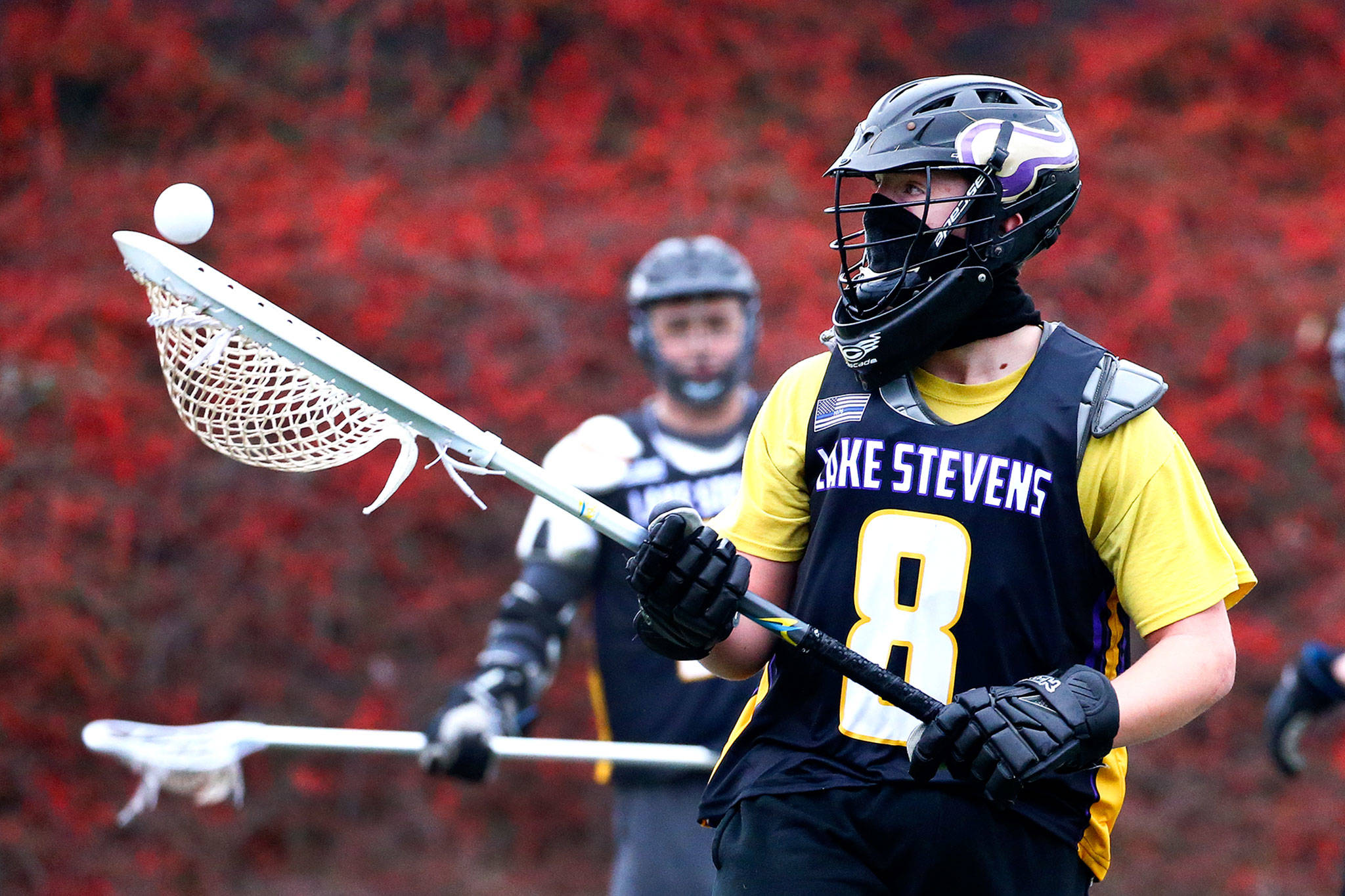 Lake Stevens Byron Gerber participates in a drill during a lacrosse practice at Cavalero Mid High School on Dec. 8, 2019 in Lake Stevens. (Kevin Clark / The Herald)