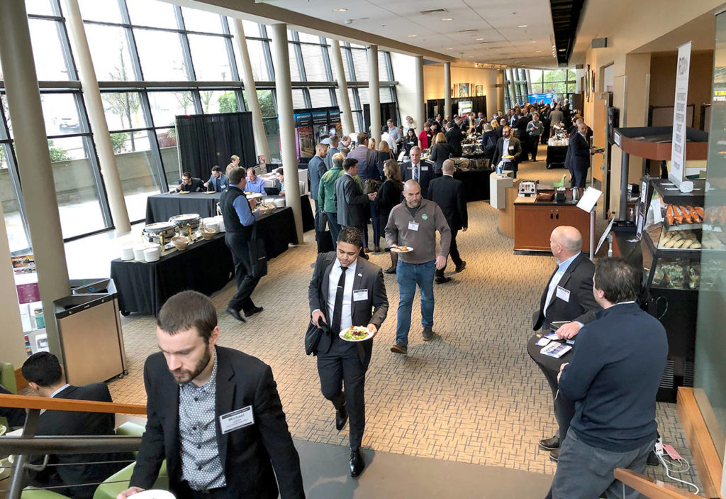 Hundreds of aerospace suppliers and representatives from airplane makers, including Boeing and Airbus, attended the Pacific Northwest Aerospace Alliance conference this week at the Lynnwood Convention Center. (Janice Podsada / The Herald) 
