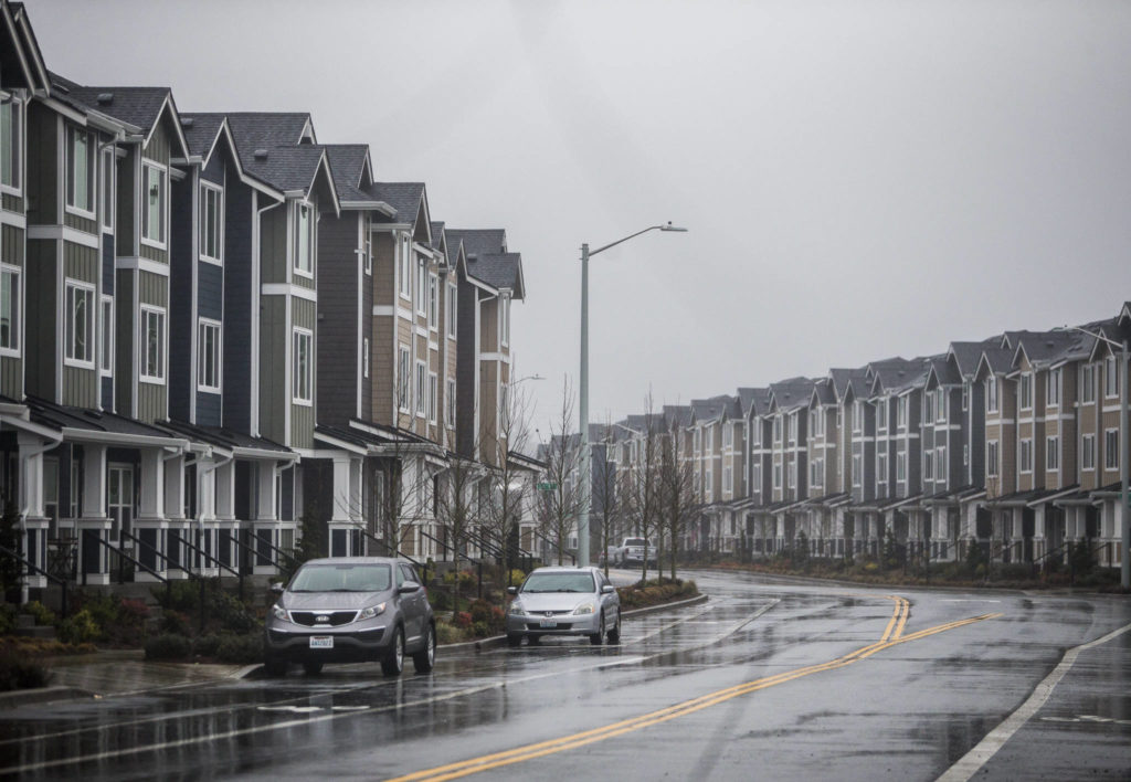 The Towns at Riverfront by Polygon Homes are seen Wednesday in Everett. (Olivia Vanni / The Herald)
