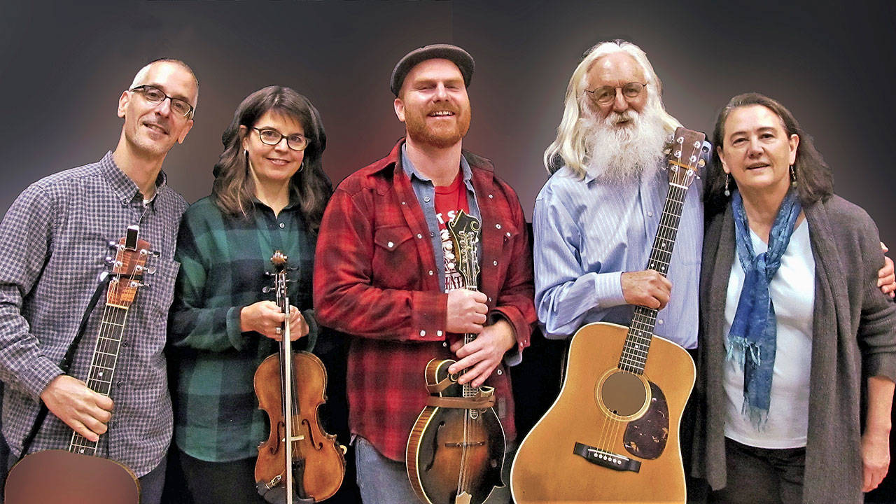 The Cliff Perry Band will perform a free concert Saturday in Edmonds. Shown here are (from left) Greg Maass, dobro, Mary Simkin-Maass, fiddle, Ethan Lawton, mandolin, Cliff Perry, guitar, and Mary Fleischman, bass.Not pictured is Jason Stewart, who will play banjo at Saturday’s concert. (Contributed photo)