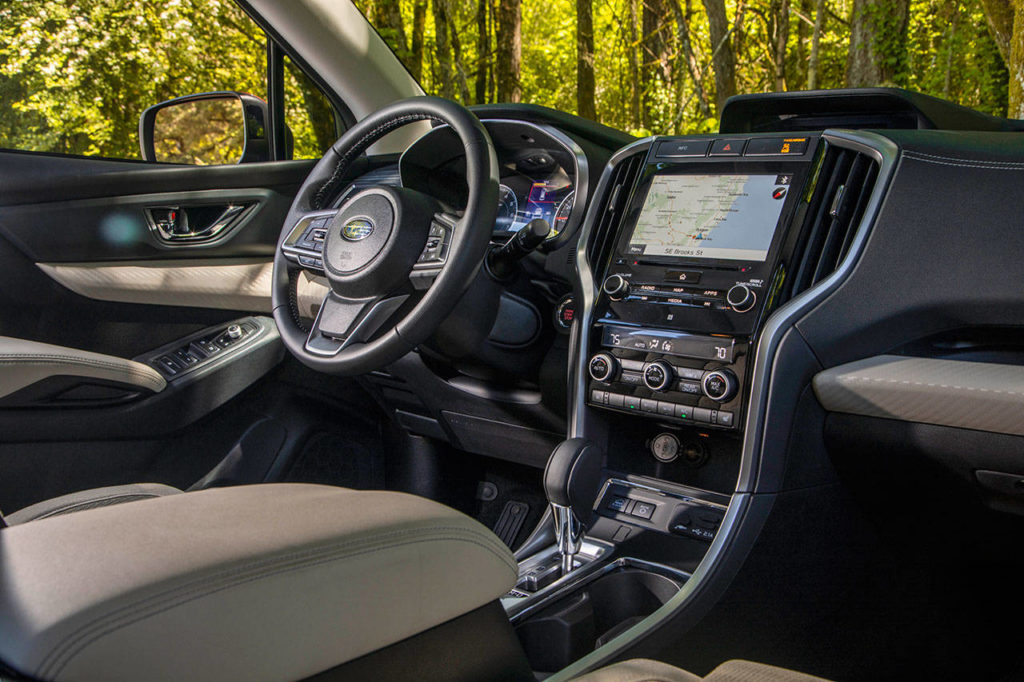 Easy to use controls including volume and tuning dials enhance favorability for the 2020 Subaru Ascent’s multimedia system. The Limited trim’s interior is shown here. (Manufacturer photo)
