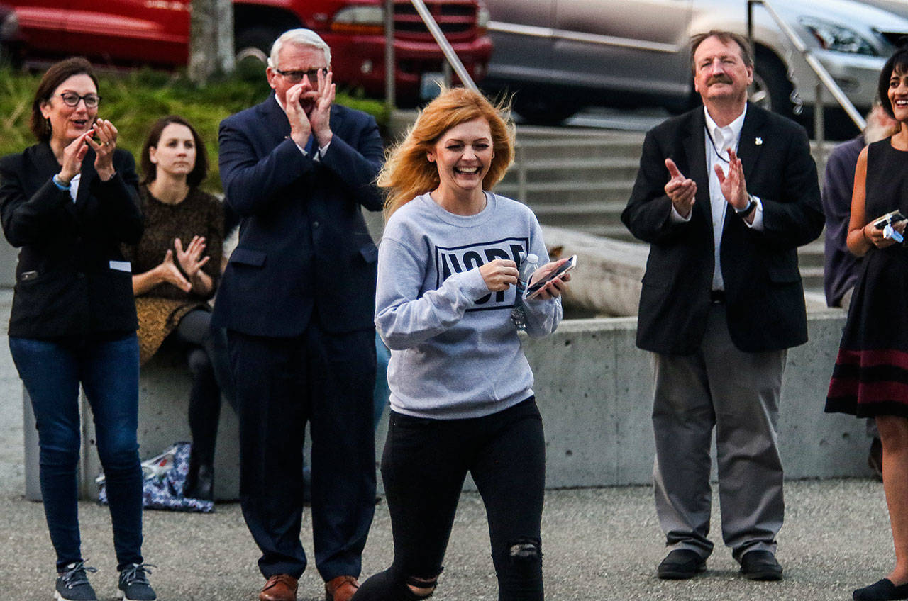 Lindsey Greinke Arrington, who once was addicted to opioids, wants state leaders to make a long-term commitment to treatment services, prevention programs and assistance for those who’ve lost loved ones to addiction. She is shown here when she spoke at “A Night to Remember” in Everett in 2018, an event focused on bringing awareness to overdoses and addiction in Snohomish County. (Dan Bates / Herald file)