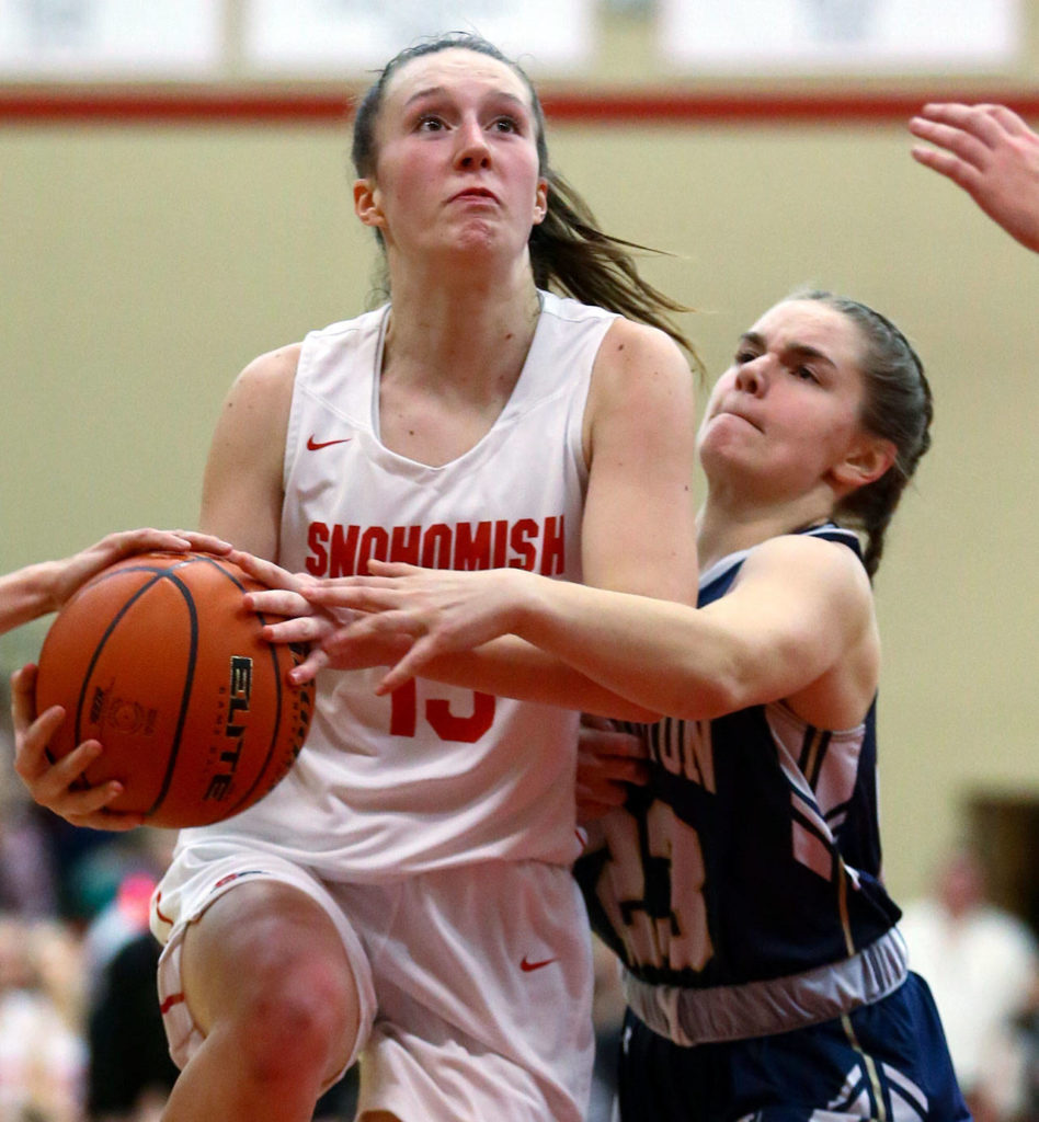 Arlington defeated Snohomish, 46-35, Thursday evening at Snohomish High School in Snohomish on February 6, 2020. (Kevin Clark / The Herald)
