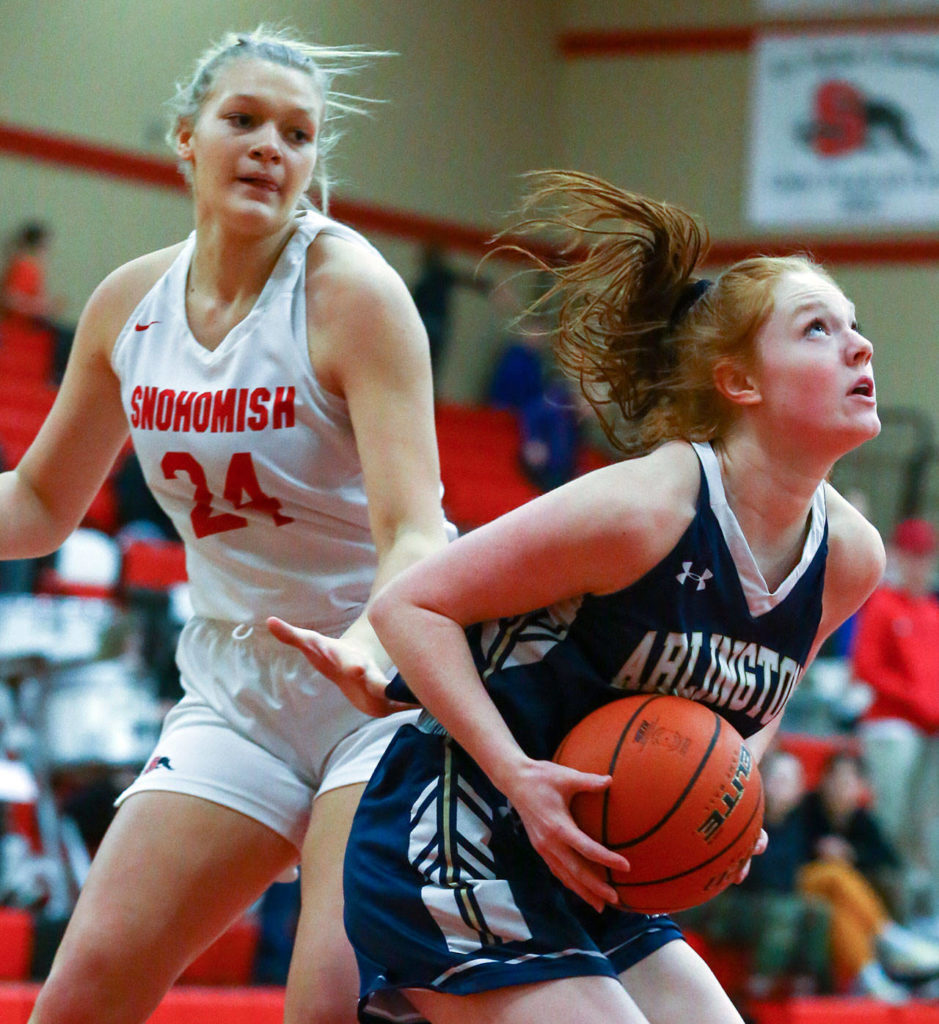 Arlington defeated Snohomish, 46-35, Thursday evening at Snohomish High School in Snohomish on February 6, 2020. (Kevin Clark / The Herald)
