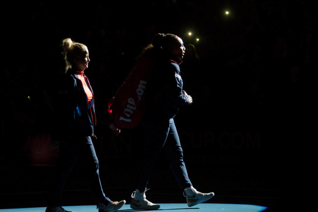 Serena Williams walks out onto the court with team captain Kathy Rinaldi before her match at the FedCup qualifying round at Angel of the Winds Arena on Friday in Everett. (Andy Bronson / The Herald)

