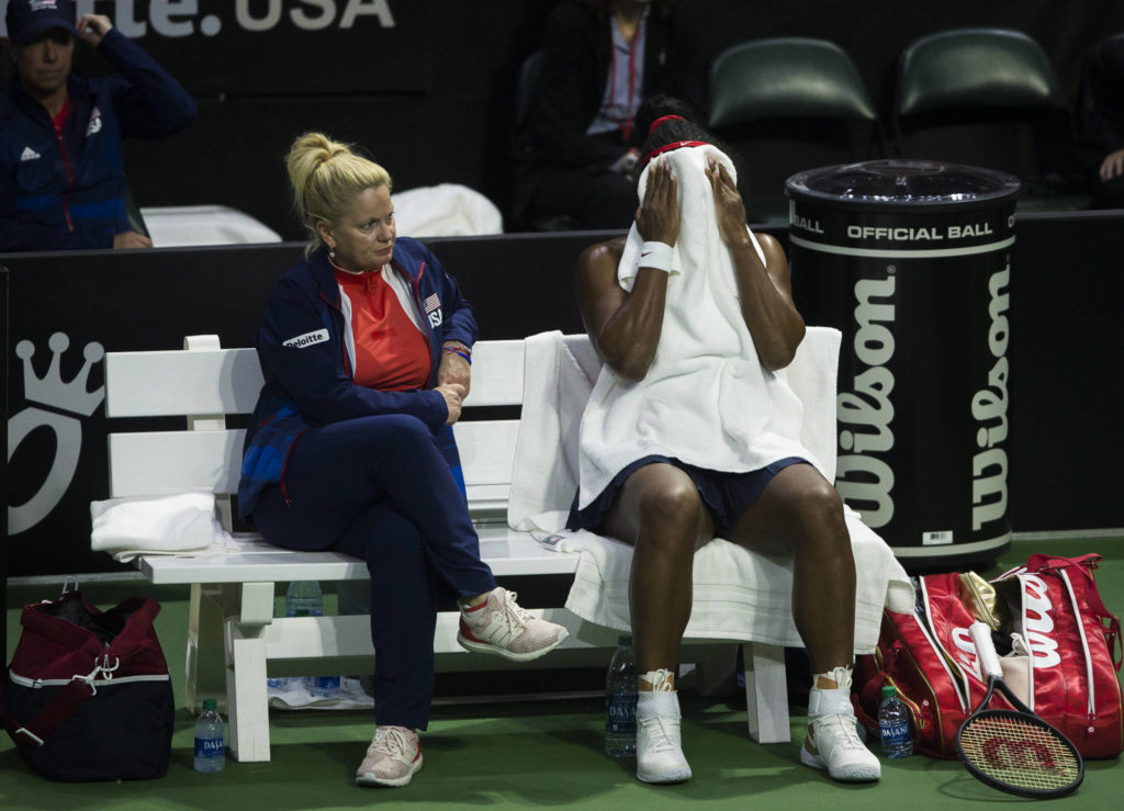 Serena Williams puts a towel over her face during a break in her match at the Fed Cup at Angel of the Winds Arena on Friday in Everett. (Olivia Vanni / The Herald)
