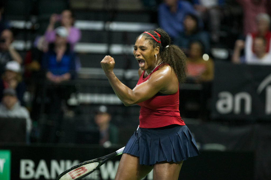 Serena Williams reacts before match point and then beating Jelena Ostapenko 7-6, 7-6 during her FedCup qualifying round at Angel of the Winds Arena on Friday in Everett. (Andy Bronson / The Herald)
