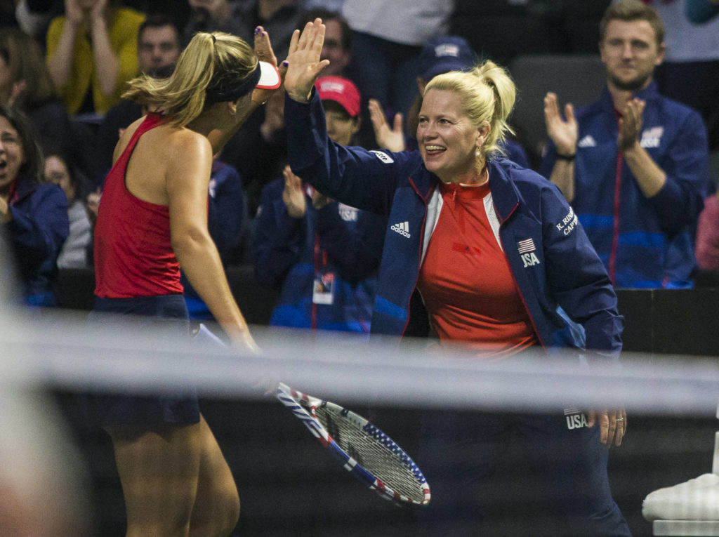 Captain Kathy Rinaldi high fives Sofia Kenin during the Fed Cup at Angel of the Winds Arena on Friday in Everett. (Olivia Vanni / The Herald)
